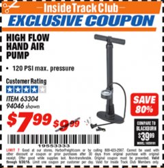 Harbor Freight ITC Coupon HIGH FLOW HAND AIR PUMP Lot No. 63304/94046 Expired: 9/30/18 - $7.99