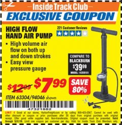 Harbor Freight ITC Coupon HIGH FLOW HAND AIR PUMP Lot No. 63304/94046 Expired: 5/31/19 - $7.99
