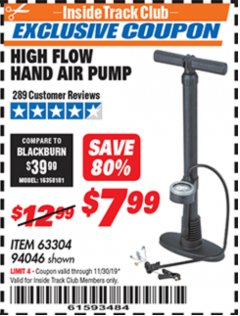 Harbor Freight ITC Coupon HIGH FLOW HAND AIR PUMP Lot No. 63304/94046 Expired: 11/30/19 - $7.99