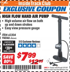 Harbor Freight ITC Coupon HIGH FLOW HAND AIR PUMP Lot No. 63304/94046 Expired: 3/31/20 - $7.99