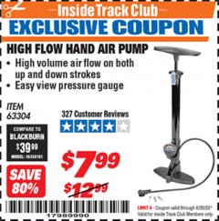 Harbor Freight ITC Coupon HIGH FLOW HAND AIR PUMP Lot No. 63304/94046 Expired: 6/30/20 - $7.99