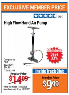 Harbor Freight ITC Coupon HIGH FLOW HAND AIR PUMP Lot No. 63304/94046 Expired: 12/3/20 - $9.99