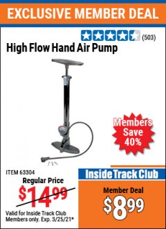 Harbor Freight ITC Coupon HIGH FLOW HAND AIR PUMP Lot No. 63304/94046 Expired: 3/25/21 - $8.99