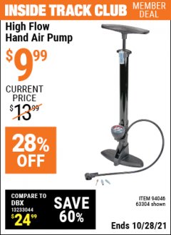 Harbor Freight ITC Coupon HIGH FLOW HAND AIR PUMP Lot No. 63304/94046 Expired: 10/28/21 - $9.99