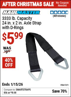Harbor Freight Coupon HAUL-MASTER 3333 LB. CAPACITY, 24 IN. X 2 IN. AXLE STRAP WITH D-RINGS Lot No. 57271 Valid Thru: 1/15/26 - $5.99