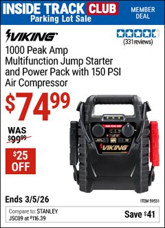 Harbor Freight Coupon VIKING 1000 PEAK AMP MULTIFUNCTION JUMP STARTER AND POWER PACK WITH 150 PSI AIR COMPRESSOR Lot No. 59531 Valid: 12/31/69 - 3/5/26 - $74.99