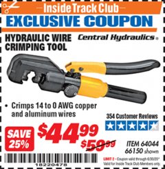 Harbor Freight ITC Coupon HYDRAULIC WIRE CRIMPING TOOL Lot No. 66150/64044 Expired: 6/30/20 - $44.99
