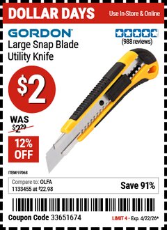 Harbor Freight Coupon GORDON LARGE SNAP BLADE UTILITY KNIFE Lot No. 97068 Valid Thru: 4/22/26 - $2