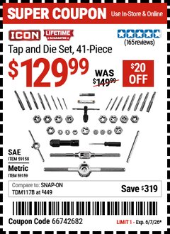 Harbor Freight Coupon ICON TAP AND DIE SET, 41-PIECE Lot No. 59159/59158 Valid Thru: 6/7/26 - $129.99