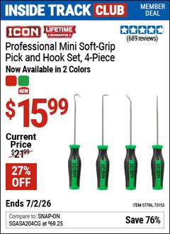 Harbor Freight Coupon ICON PROFESSIONAL MINI SOFT-GRIP PICK AND HOOK SET, 4-PIECE Lot No. 57786 Valid: 12/31/69 - 7/2/26 - $15.99