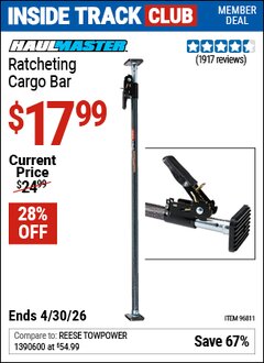Harbor Freight Coupon HAUL-MASTER RATCHETING CARGO BAR Lot No. 96811 Valid: 12/31/69 - 4/30/26 - $17.99
