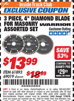 Harbor Freight ITC Coupon 3 PIECE 4" ASSORTED DIAMOND BLADES FOR MASONRY Lot No. 61893/69019 Expired: 11/30/18 - $13.99