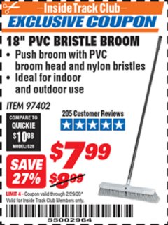 Harbor Freight ITC Coupon 18 IN. PVC BRISTLE BROOM Lot No. 97402 Expired: 2/29/20 - $7.99