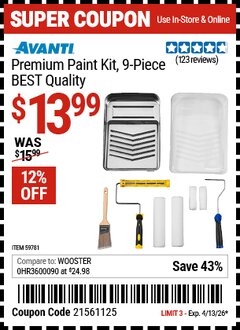 Harbor Freight Coupon AVANTI PREMIUM PAINT KIT, 9-PIECE, BEST QUALITY Lot No. 59781 Valid Thru: 4/13/26 - $13.99