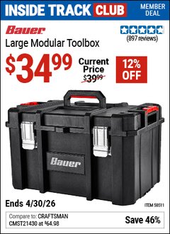 Harbor Freight Coupon BAUER LARGE MODULAR TOOLBOX Lot No. 58511 Valid: 12/31/69 - 4/30/26 - $34.99