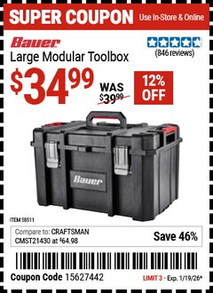 Harbor Freight Coupon BAUER LARGE MODULAR TOOLBOX Lot No. 58511 Valid Thru: 1/19/26 - $34.99