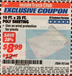 Harbor Freight ITC Coupon 10 FT. x 25 FT. POLY SHEETING Lot No. 95144 Expired: 7/31/19 - $8.99