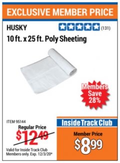 Harbor Freight Coupon 10 FT. x 25 FT. POLY SHEETING Lot No. 95144 Expired: 12/3/20 - $8.99