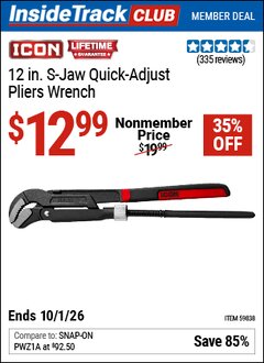 Harbor Freight Coupon ICON 12 IN. S-JAW QUICK-ADJUST PLIERS WRENCH Lot No. 59838 Valid: 12/31/69 - 10/1/26 - $12.99