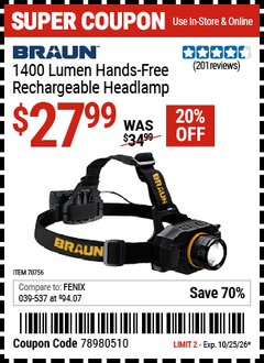 Harbor Freight Coupon BRAUN 1400 LUMEN HANDS-FREE RECHARGEABLE HEADLAMP Lot No. 70756 Valid Thru: 10/25/26 - $27.99
