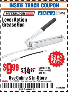 Harbor Freight ITC Coupon LEVER ACTION GREASE GUN Lot No. 63686/62966 Expired: 7/31/20 - $9.99