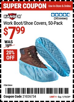 Harbor Freight Coupon RANGER WORK BOOT/SHOE COVERS, 50 PACK Lot No. 58664 Valid Thru: 1/19/26 - $7.99
