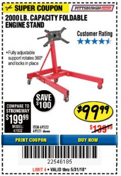 Harbor Freight Coupon 2000 LB. FOLDABLE ENGINE STAND Lot No. 69522/67015/69521 Expired: 5/31/18 - $99.99