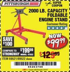 Harbor Freight Coupon 2000 LB. FOLDABLE ENGINE STAND Lot No. 69522/67015/69521 Expired: 5/18/19 - $99.99