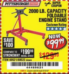 Harbor Freight Coupon 2000 LB. FOLDABLE ENGINE STAND Lot No. 69522/67015/69521 Expired: 6/15/19 - $99.99