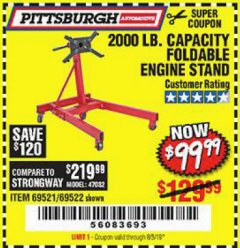 Harbor Freight Coupon 2000 LB. FOLDABLE ENGINE STAND Lot No. 69522/67015/69521 Expired: 8/5/19 - $99.99