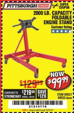Harbor Freight Coupon 2000 LB. FOLDABLE ENGINE STAND Lot No. 69522/67015/69521 Expired: 10/21/19 - $99.99