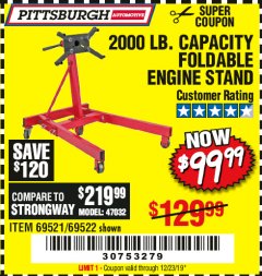 Harbor Freight Coupon 2000 LB. FOLDABLE ENGINE STAND Lot No. 69522/67015/69521 Expired: 12/14/19 - $99.99