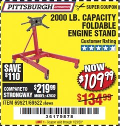 Harbor Freight Coupon 2000 LB. FOLDABLE ENGINE STAND Lot No. 69522/67015/69521 Expired: 1/23/20 - $109.99