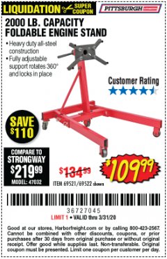 Harbor Freight Coupon 2000 LB. FOLDABLE ENGINE STAND Lot No. 69522/67015/69521 Expired: 3/31/20 - $109.99