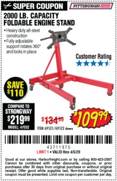 Harbor Freight Coupon 2000 LB. FOLDABLE ENGINE STAND Lot No. 69522/67015/69521 Expired: 6/30/20 - $109.99