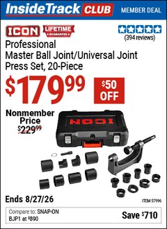 Harbor Freight Coupon ICON PROFESSIONAL MASTER BALL JOINT/UNIVERSAL JOINT PRESS SET, 20-PIECE Lot No. 57996 Valid: 12/31/69 - 8/27/26 - $179.99