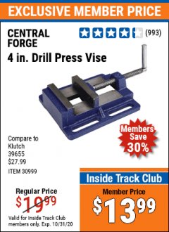 Harbor Freight ITC Coupon 4" DRILL PRESS VISE Lot No. 30999 Expired: 10/31/20 - $13.99