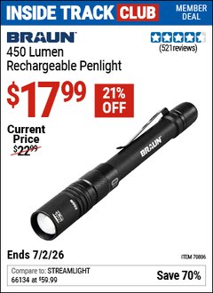 Harbor Freight Coupon BRAUN 450 LUMEN RECHARGEABLE PENLIGHT Lot No. 70806 Valid: 12/31/69 - 7/2/26 - $17.99