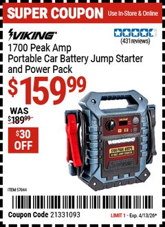 Harbor Freight Coupon VIKING 1700 PEAK AMP PORTABLE CAR BATTERY JUMP STARTER AND POWER PACK Lot No. 57044 Valid Thru: 4/13/26 - $159.99