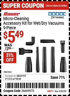 Harbor Freight Coupon BAUER MICRO-CLEANING ACCESSORY KIT FOR WET/DRY VACUUMS, 9-PIECE Lot No. 59695 Valid Thru: 4/26/26 - $5.49