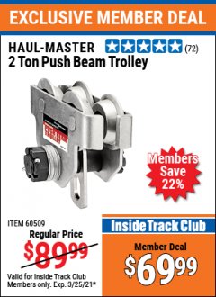 Harbor Freight ITC Coupon 2 TON PUSH BEAM TROLLEY Lot No. 40493/60509 Expired: 3/25/21 - $69.99