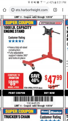 Harbor Freight Coupon 1000 LB. CAPACITY ENGINE STAND Lot No. 32916/69886/69520 Expired: 11/5/18 - $47.99