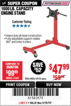 Harbor Freight Coupon 1000 LB. CAPACITY ENGINE STAND Lot No. 32916/69886/69520 Expired: 5/19/19 - $47.99