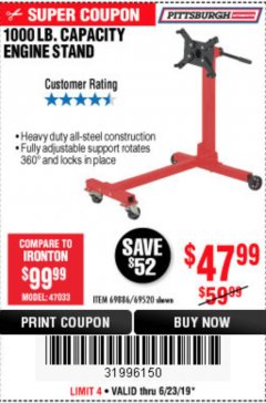 Harbor Freight Coupon 1000 LB. CAPACITY ENGINE STAND Lot No. 32916/69886/69520 Expired: 6/23/19 - $47.99