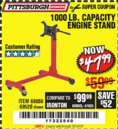 Harbor Freight Coupon 1000 LB. CAPACITY ENGINE STAND Lot No. 32916/69886/69520 Expired: 10/14/19 - $47.99