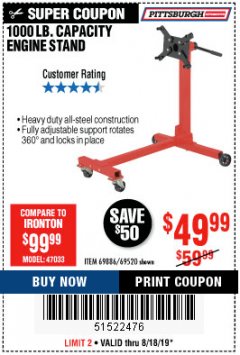 Harbor Freight Coupon 1000 LB. CAPACITY ENGINE STAND Lot No. 32916/69886/69520 Expired: 8/18/19 - $49.99