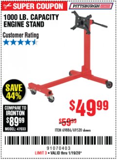 Harbor Freight Coupon 1000 LB. CAPACITY ENGINE STAND Lot No. 32916/69886/69520 Expired: 1/19/20 - $49.99