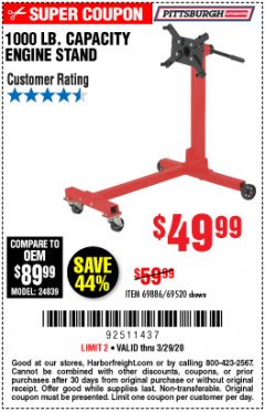 Harbor Freight Coupon 1000 LB. CAPACITY ENGINE STAND Lot No. 32916/69886/69520 Expired: 3/29/20 - $49.99