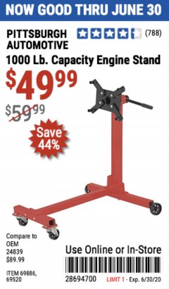 Harbor Freight Coupon 1000 LB. CAPACITY ENGINE STAND Lot No. 32916/69886/69520 Expired: 6/30/20 - $49.99