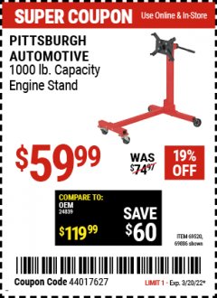 Harbor Freight Coupon 1000 LB. CAPACITY ENGINE STAND Lot No. 32916/69886/69520 Expired: 3/20/22 - $59.99